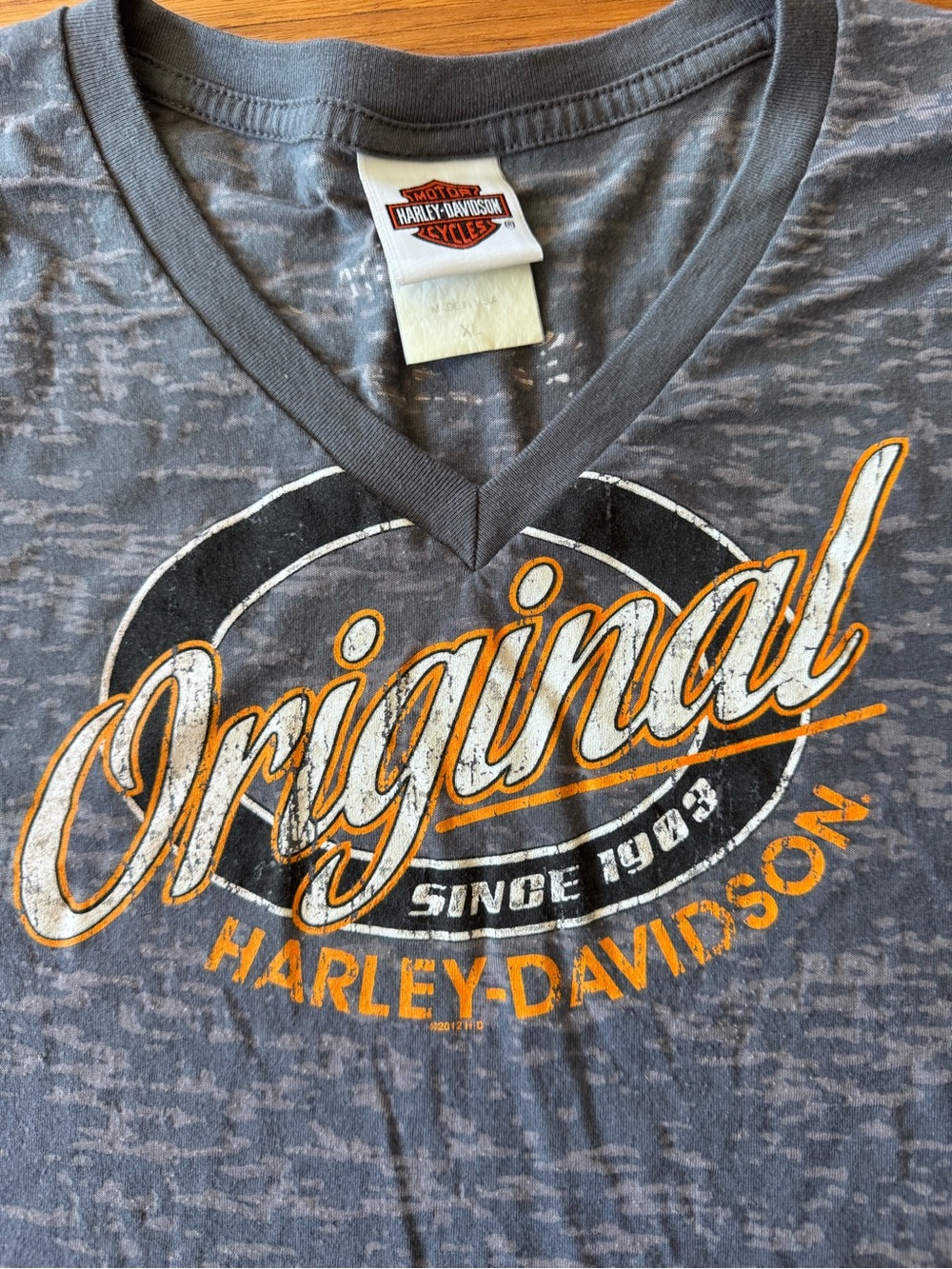 Harley-Davidson Gray Tee with Orange Script Logo women’s